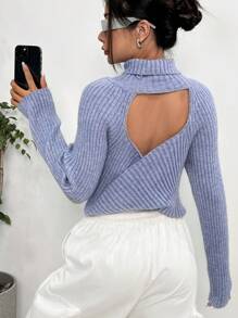 SHEIN Unity Turtleneck Cut Out Wrap Cross Back Raglan Sleeve Sweater Knit Pullover Fall Winter Outfit - Blue - View 1