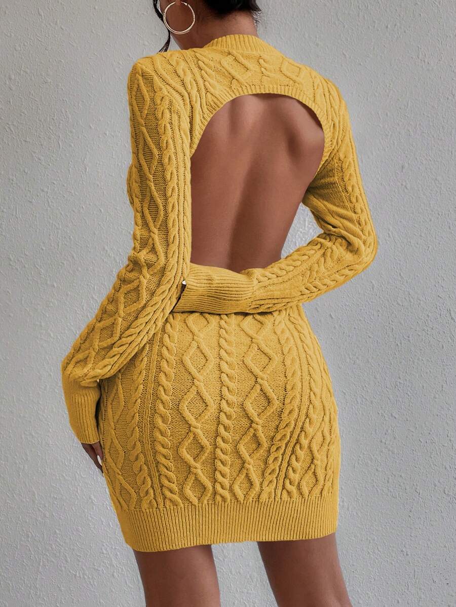 SHEIN Privé Cable Knit Backless Sweater Dress Without Belt - Yellow - View 1