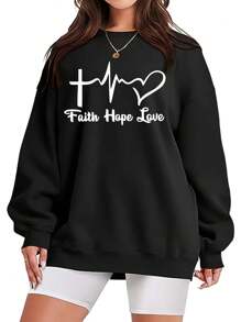 SHEIN EZwear 大碼愛心和字母圖案落肩袖運動衫 - 黑色 - 查看 1