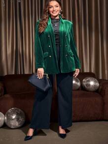 EMERY ROSE Plus Shawl Collar Velvet Blazer - Dark Green - View 4