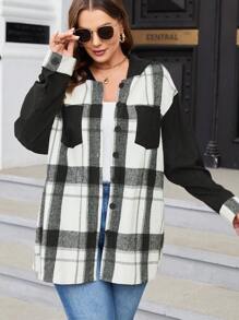 SHEIN CURVE+ Plus Plaid Print Drop Shoulder Hooded Coat - Black and White - View 6