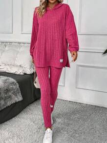 SHEIN LUNE Thả vai Viền chia cắt Hoodie & Leggings - Màu Hồng Tươi - Xem 4