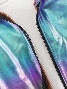 SHEIN Adolescent Garçon Holographique Zippé À Doublure Thermique Manteau À Capuche & Sac Sans Sweat-Shirt