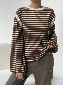 SHEIN Essnce Women's Striped Drop Shoulder T-shirt - Brown - View 4