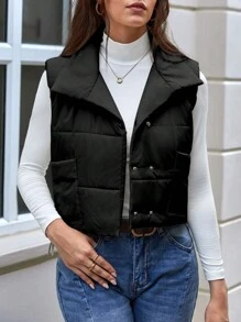 SHEIN LUNE Women's Solid Color Front Button Sleeveless Simple Casual Winter Jacket - Black - View 1