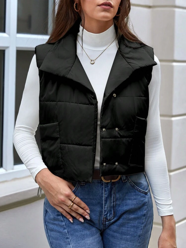 Women's Solid Color Front Button Sleeveless Simple Casual Winter Jacket