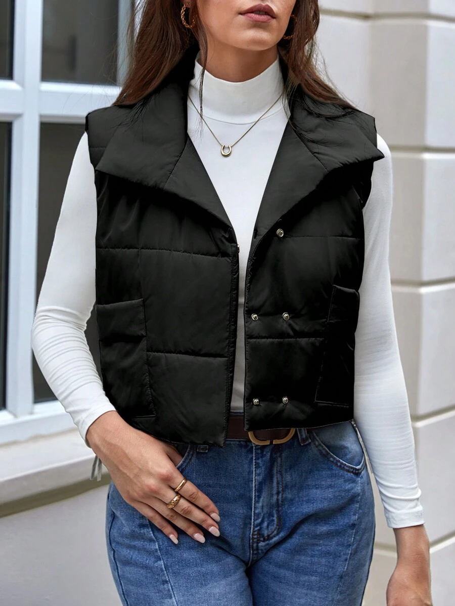 SHEIN LUNE Chaqueta casual de invierno para mujer de unicolor, sin mangas, con botones frontales, sencilla - Negro - Ver 1