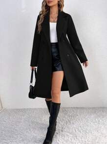 SHEIN Tall Abrigo cruzado con cinturón y cuello de solapa para otoño/invierno - Negro - Ver 1