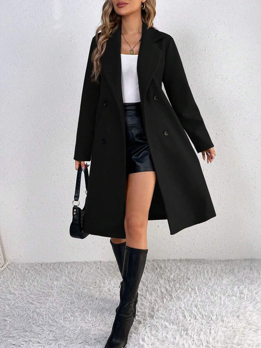 SHEIN Tall Abrigo cruzado con cinturón y cuello de solapa para otoño/invierno - Negro - Ver 1