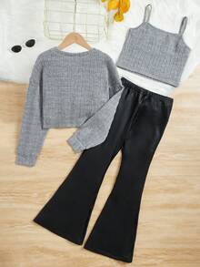 Tween Girl Solid Cami Top & Flare Leg Pants & Pullover - Light Grey - View 2