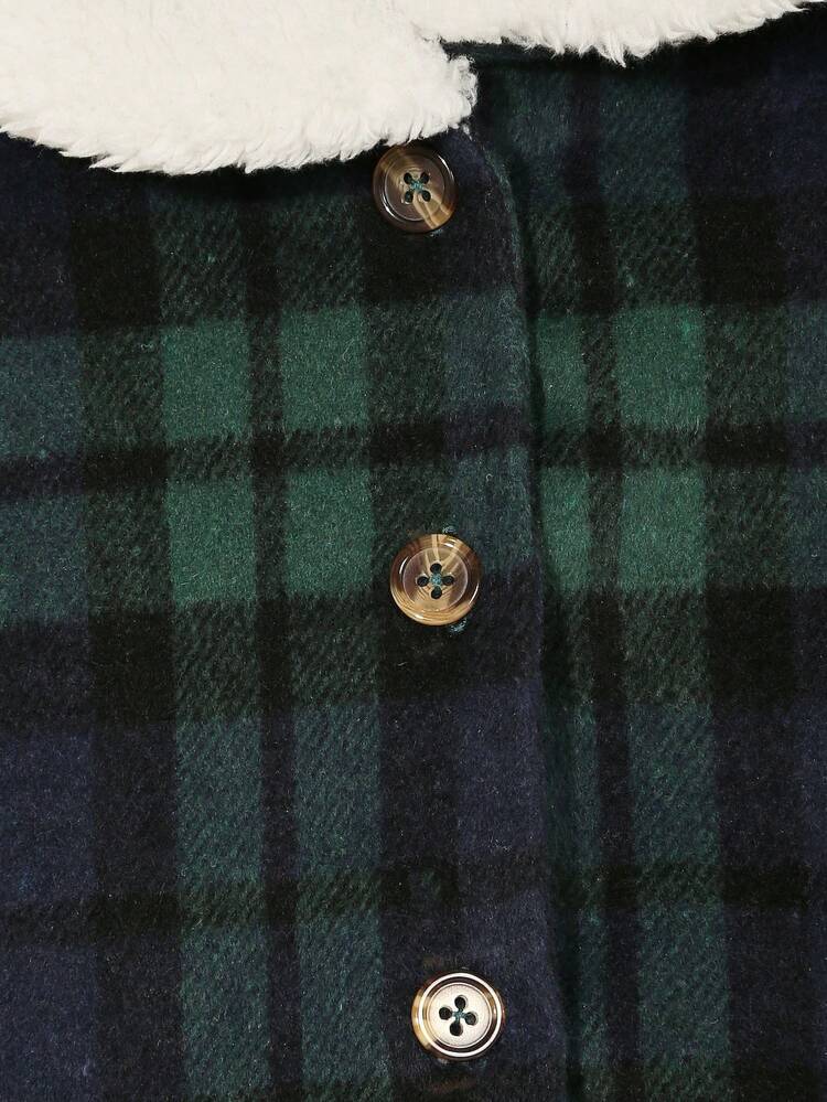 Baby Girl Plaid Print Borg Collar Coat