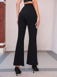 SHEIN Essnce 拉鍊下擺喇叭褲 - 黑色 - 查看 2