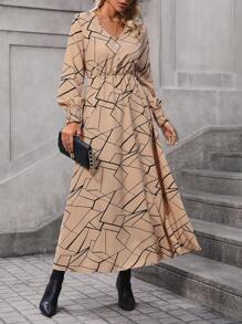 SHEIN Clasi 滿版幾何圖案燈籠袖洋裝不附腰帶 - 卡其色 - 查看 6