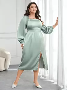 SHEIN Privé 加大尺碼方領雙層灯笼袖高衩連衣裙 - 綠色 - 查看 2