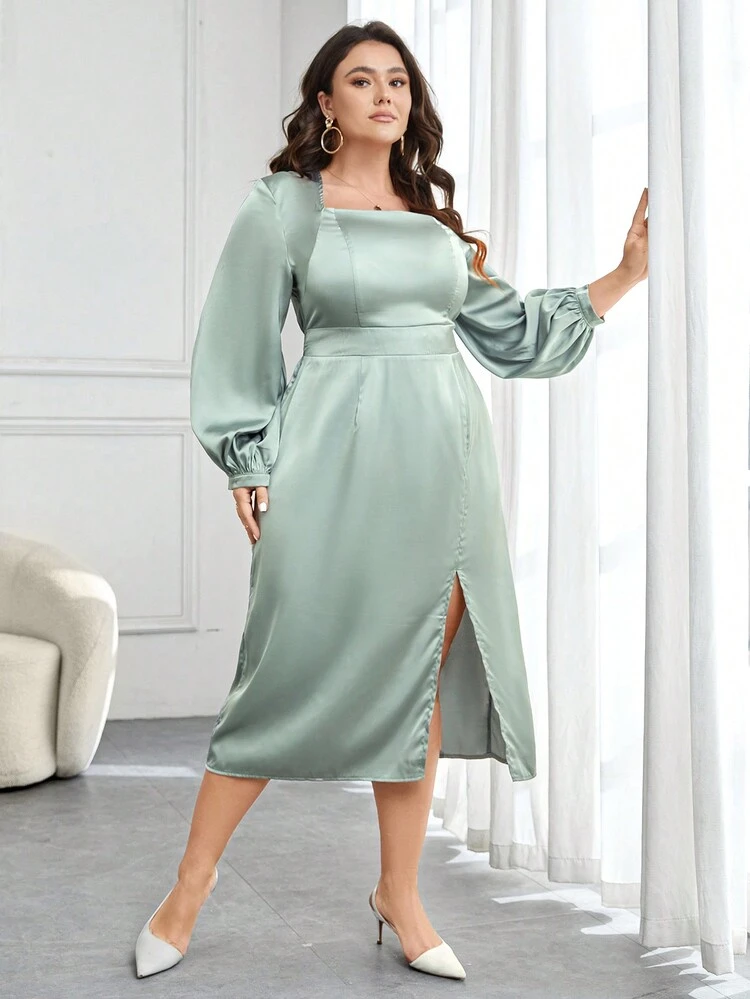 Plus Square Neck Lantern Sleeve Split Thigh Dress