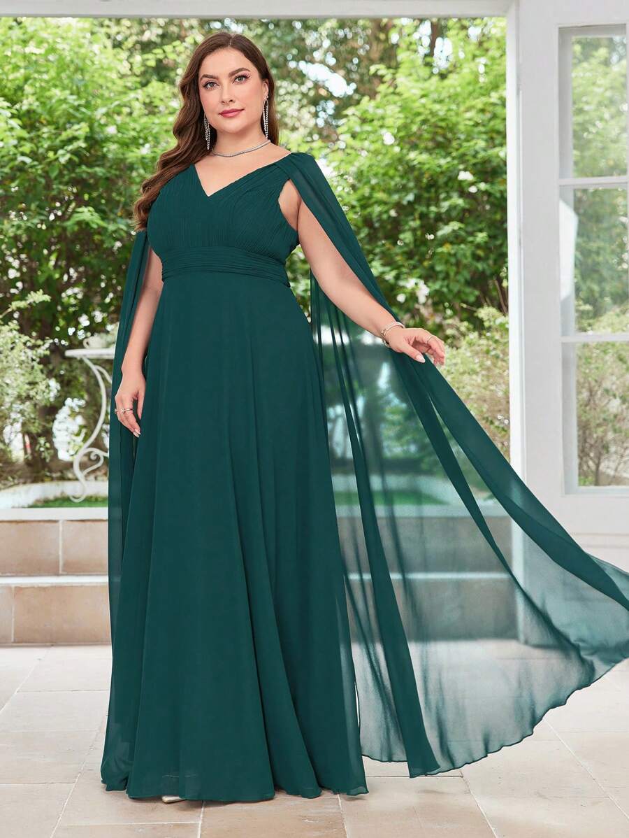 Plus Cloak Sleeve Chiffon Formal Dress - Dark Green - View 1