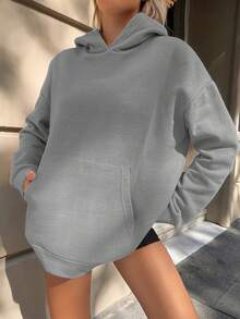 SHEIN PETITE Floral & Slogan Graphic Drop Shoulder Hoodie - Light Grey - View 4
