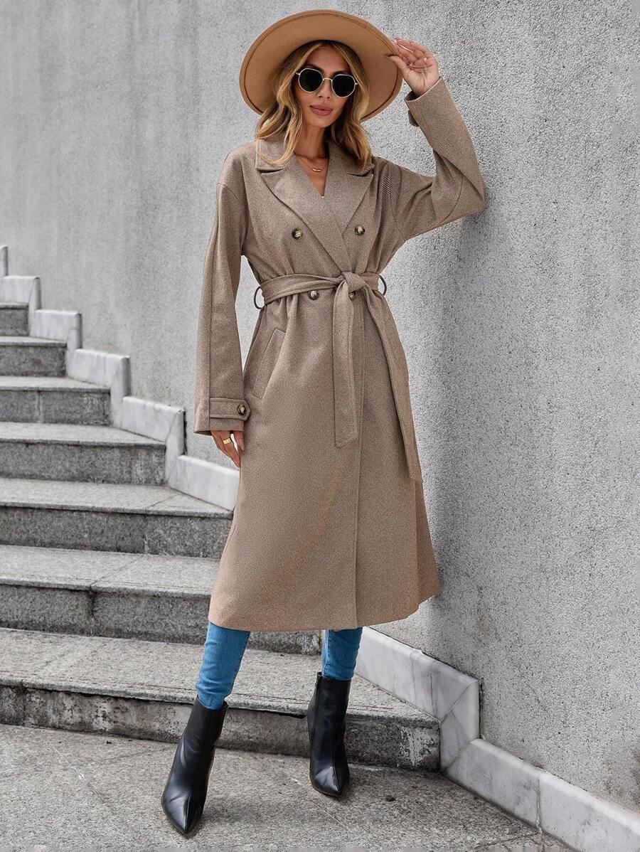 SHEIN LUNE Abrigo espina de pescado con estampado de doble botonadura - Café integral - Ver 1