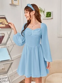 SHEIN Teen Girl Sweetheart Neck Ruched Bust Lantern Sleeve Dress - Baby Blue - View 4
