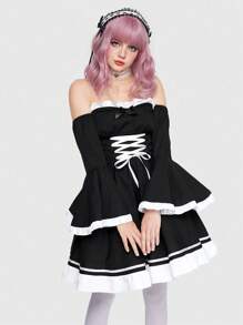 ROMWE Avant Off Shoulder Xù Hoa Sen Coa dây Thời trang thú vị - màu đen - Xem 6