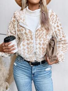 SHEIN LUNE 滿版印花落肩袖抽繩連帽搖粒絨夾克 - 彩色 - 查看 3