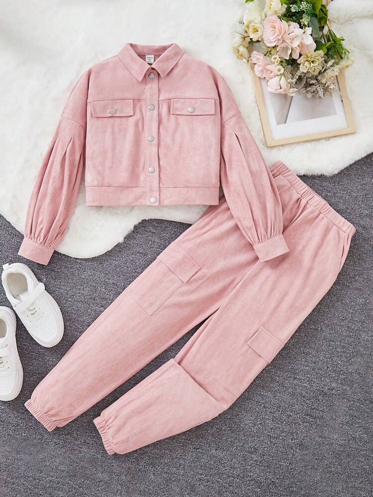 Tween Girls' Woven Solid Color Casual Short Jacket And Wide Leg Pants Loose Two Piece Set