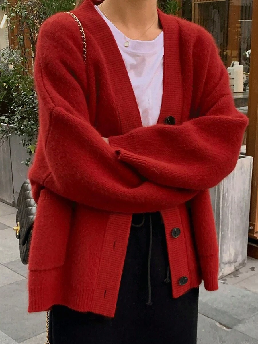 Cárdigan de hombro caído liso, Top de manga larga - Rojo - Ver 1