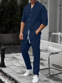 Manfinity Men Solid Shirt & Drawstring Waist Pants Without Tee - Royal Blue - View 3