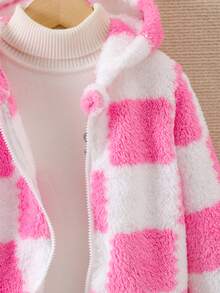 SHEIN Cô Gái Trẻ Hoa văn kẻ sọc áo có mũ Áo khoác Teddy Không có áo len - Hồng - Xem 7