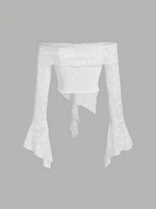 SHEIN MOD Off Shoulder Tay áo loe Viền Ruffle Viền không đối xứng Ren Áo - trắng - Xem 2