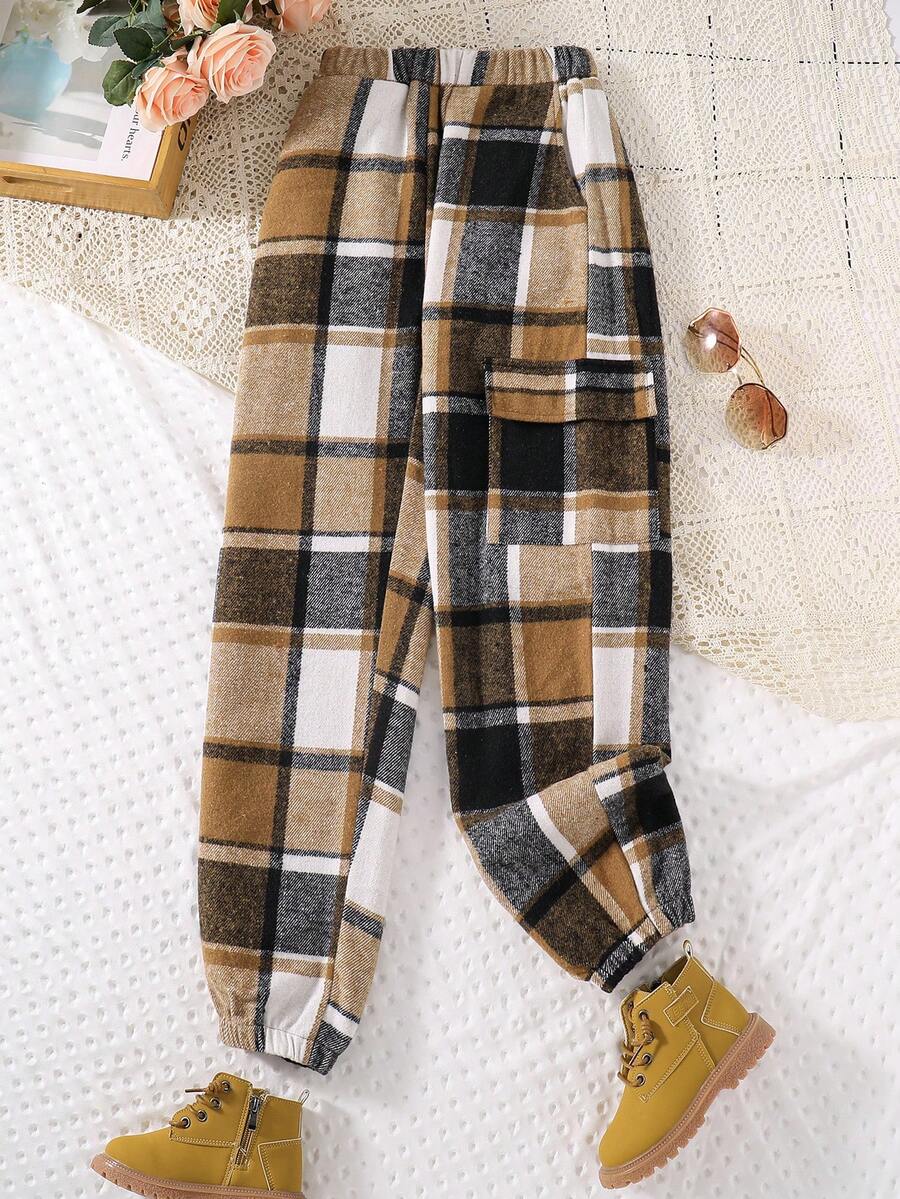 SHEIN 少女休閒格紋口袋褲 - 彩色 - 查看 1