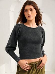 SHEIN Unity Ladies' Leg-of-mutton Sleeve Crop Top - Black - View 7