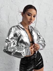SHEIN ICON 拉链短款金属填充大衣 - 銀色 - 查看 4