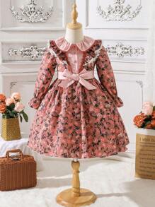 SHEIN 女小童滿版印花荷葉邊荷葉袖繫腰帶洋裝 - 彩色 - 查看 1