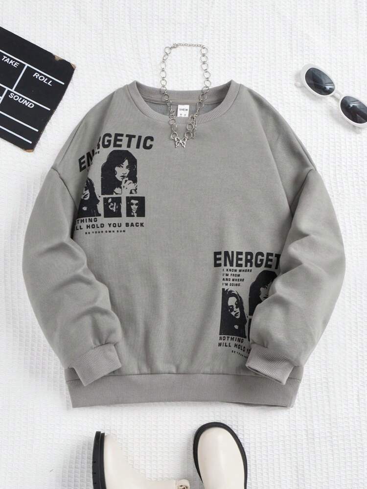 Tween Girl Figure & Letter Graphic Drop Shoulder Thermal Lined Pullover
