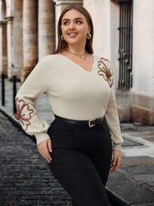 SHEIN Clasi Plus Floral Pattern Bishop Sleeve Drop Shoulder Sweater - Apricot - View 5