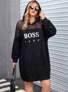 Calvaya Plus Letter Graphic Contrast Fishnet Drop Shoulder Drawstring Hoodie Dress Graduation,Back To School Outfits,Graduation,Teacher Outfits For Women,Back To School Pullover Fall Outfit Winter Autumn - Black - View 6
