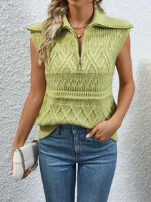 SHEIN LUNE Solid Half Zip Sweater Vest - Green - View 5