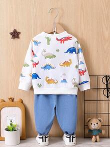 SHEIN 男嬰恐龍印花運動衫&牛仔褲 - 白色 - 查看 2