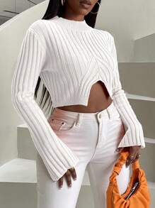 SHEIN Slayr Mock Neck Asymmetrical Hem Crop Sweater - White - View 4