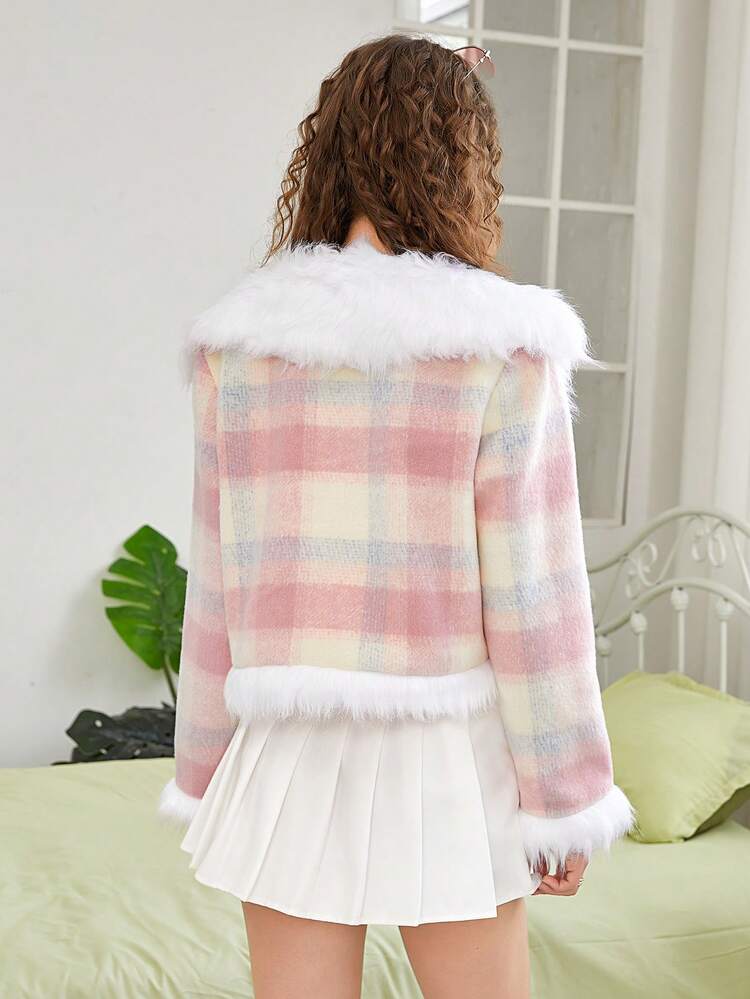 Plaid Print Fuzzy Trim Open Front Overcoat