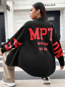 Flirla 大碼字母圖案落肩袖襯衫 - 黑色 - 查看 1