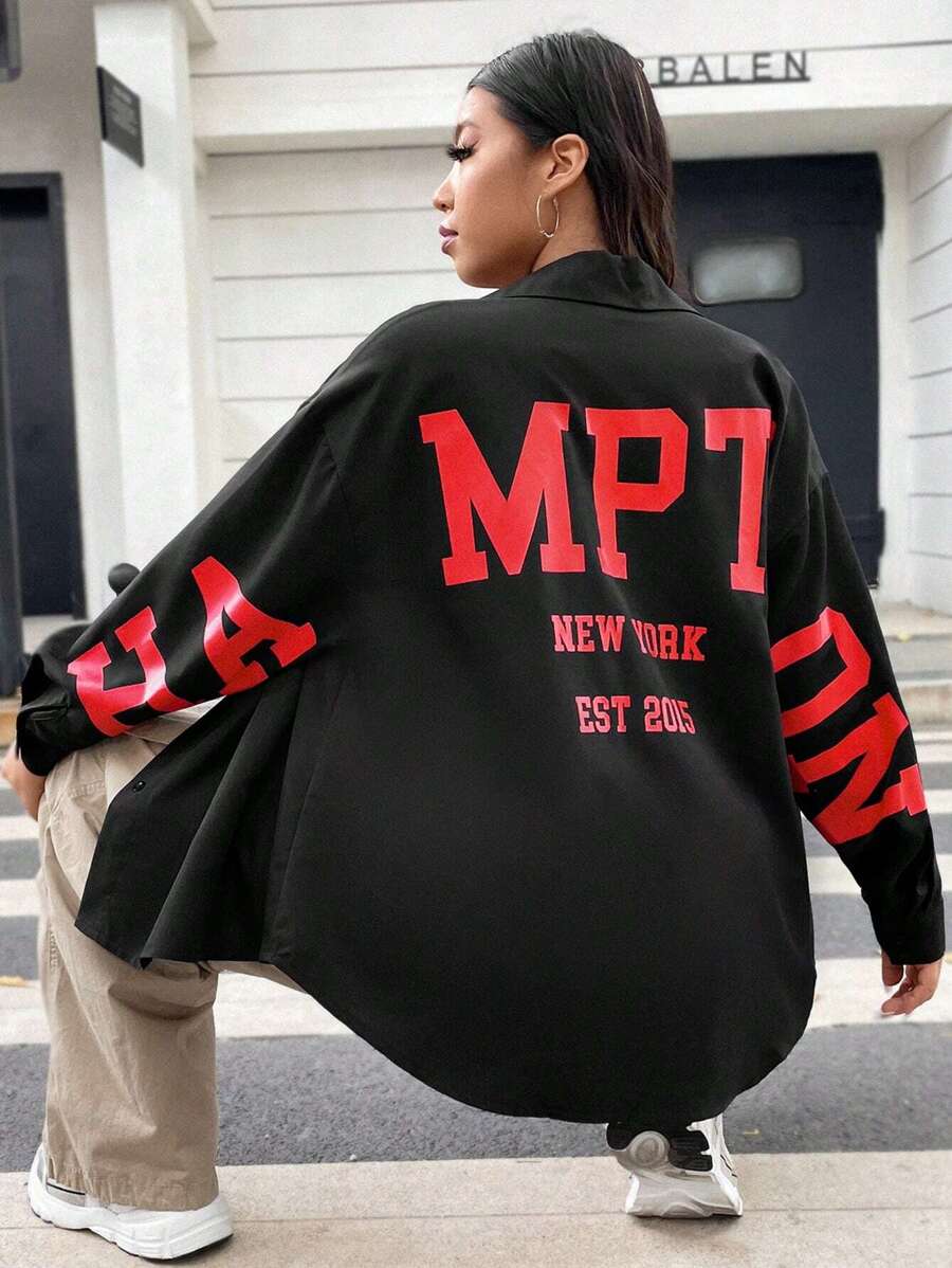 Flirla 大碼字母圖案落肩袖襯衫 - 黑色 - 查看 1