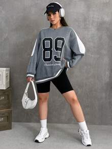 SHEIN EZwear 大碼撞色字母圖案落肩袖運動衫 - 灰色 - 查看 5