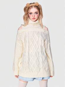 ROMWE Kawaii 高領挖肩麻花編織套頭毛衣 - 杏色 - 查看 4