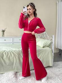 SHEIN EZwear Rhinestone Letter Pattern Crop Velvet Zipper Up Hoodie & Flare Leg Pants - Black - View 4