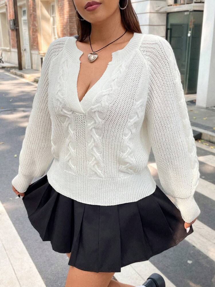 Plus Cable Knit Raglan Sleeve Notched Neckline Sweater Knit Pullover Fall Winter Sweater