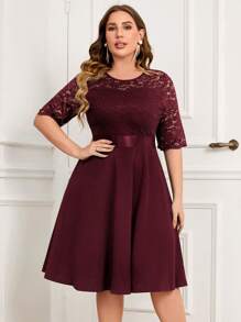 MIUSOL Plus Contrast Floral Lace Half Sleeve Prom Party Swing A-Line Dress, For Wedding Guest, Graduation, Dinner - Burgundy - View 1