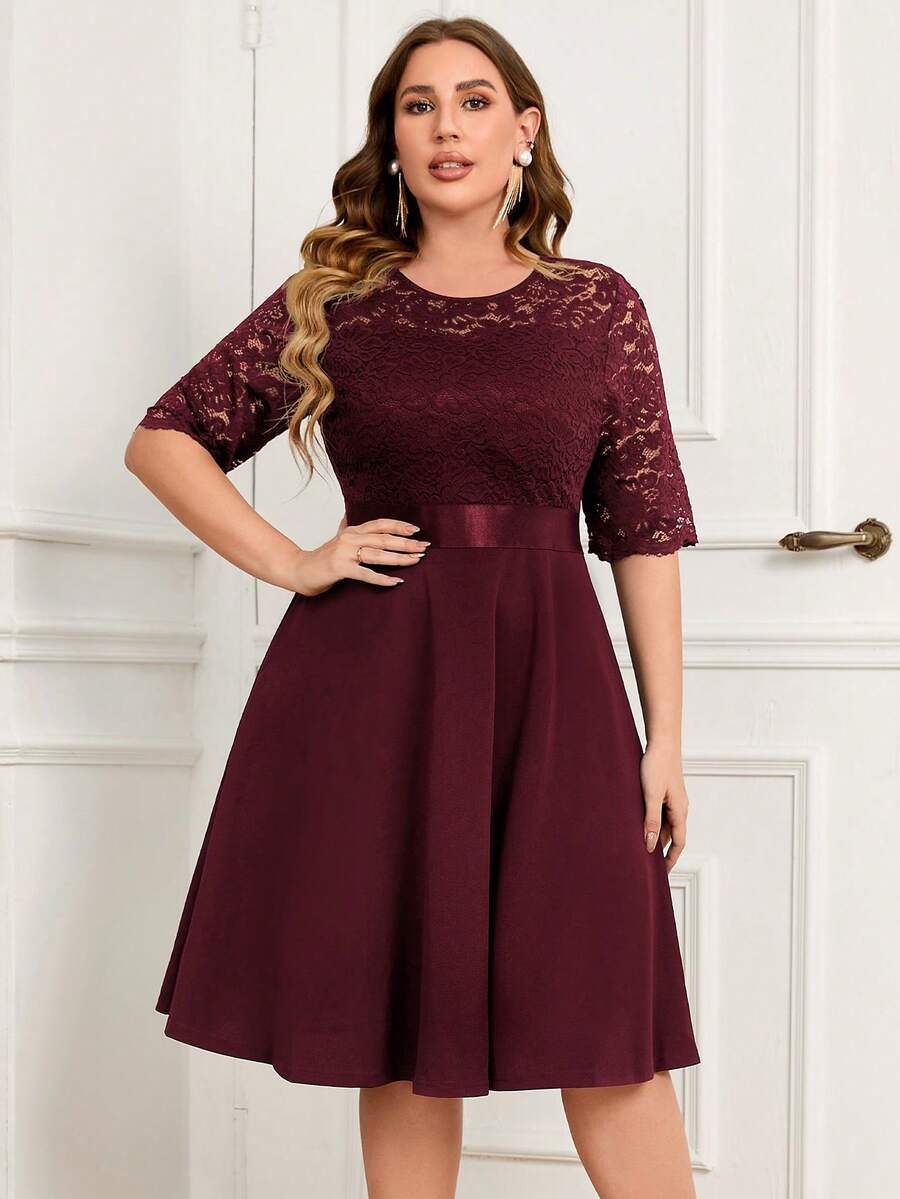 MIUSOL Plus Contrast Floral Lace Half Sleeve Prom Party Swing A-Line Dress, For Wedding Guest, Graduation, Dinner - Burgundy - View 1