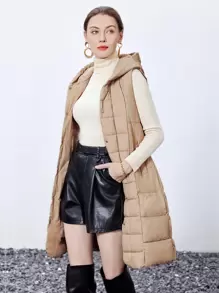 SHEIN BIZwear Áo khoác dài trùm đầu có dây rút, thắt lưng có đệm cho nữ, Quần áo mùa đông - Màu Khaki - Xem 1